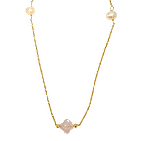 Collier Perles Eau Douce et Quartz Rose Trèfles Facettés sur Chaîne Plaquée Or 80 + 5 cm