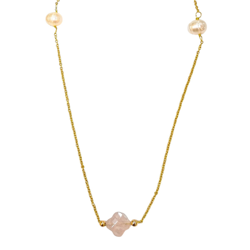 Collier Perles d'Eau Douce et Quartz Rose Trèfles Facettés sur Chaîne Plaquée Or 80 + 5 cm
