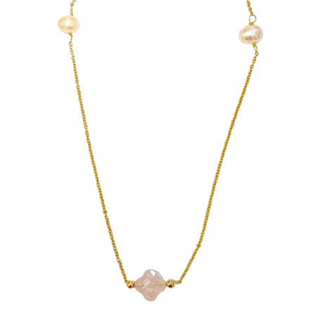 Collier Perles d'Eau Douce et Quartz Rose Trèfles Facettés sur Chaîne Plaquée Or 80 + 5 cm