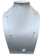 Collier Perles Eau Douce et Quartz Rose Trèfles Facettés sur Chaîne Plaquée Or 80 + 5 cm