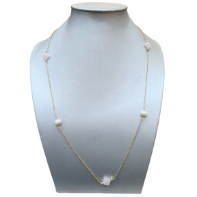 Collier Perles d'Eau Douce et Quartz Rose Trèfles Facettés sur Chaîne Plaquée Or 80 + 5 cm