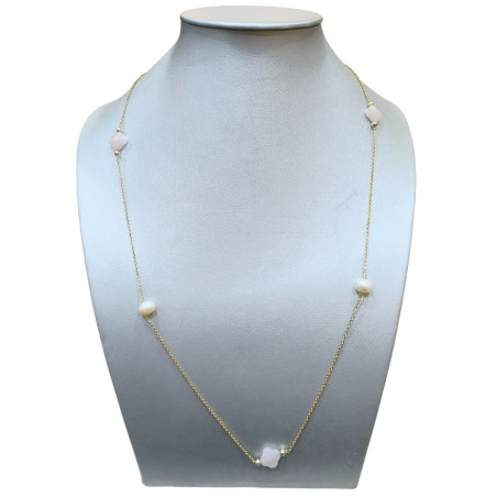 Collier Perles Eau Douce et Quartz Rose Trèfles Facettés sur Chaîne Plaquée Or 80 + 5 cm