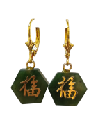 Boucles Jade Signe du Bonheur Hexagone Argent 925 Plaqué Or ( Vermeil )