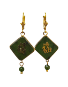 Boucles Jade Signe du Bonheur Losange Argent 925 Plaqué Or ( Vermeil )