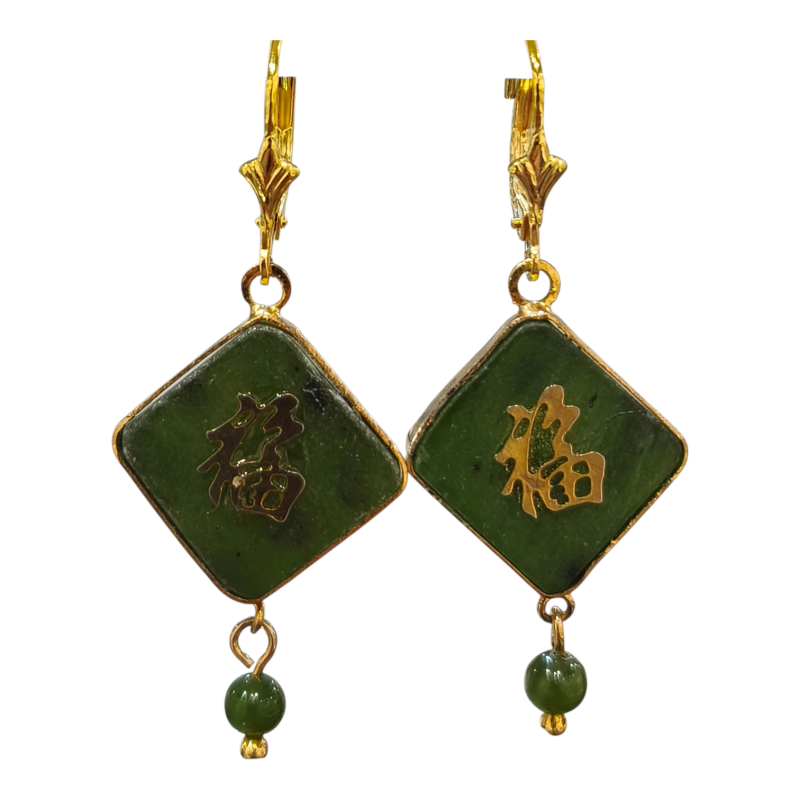 Boucles Jade Signe du Bonheur Losange Argent 925 Plaqué Or ( Vermeil )