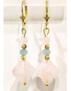 Boucles Quartz Rose et Aigue Marine Facettés Argent 925 Plaqué Or ( Vermeil )