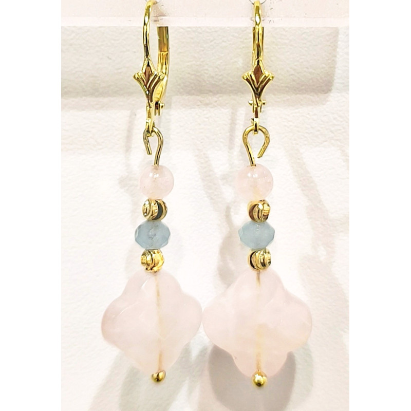 Boucles Quartz Rose et Aigue Marine Facettés Argent 925 Plaqué Or ( Vermeil )