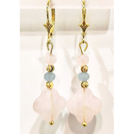 Boucles Quartz Rose et Aigue Marine Facettés Argent 925 Plaqué Or ( Vermeil )