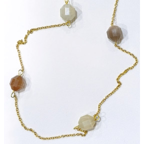 Collier Pierre de Lune Blanche Rose et Grise Facettée avec Chaîne Acier Inox Plaqué or 80 + 5 cm