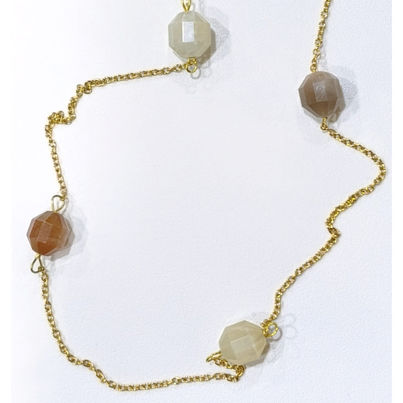 Collier Pierre de Lune Blanche Rose et Grise Facettée avec Chaîne Acier Inox Plaqué or 80 + 5 cm