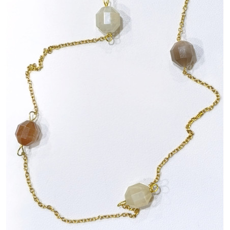 Collier Pierre de Lune Blanche Rose et Grise Facettée avec Chaîne Acier Inox Plaqué or 80 + 5 cm