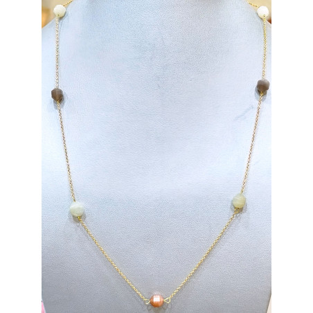 Collier Pierre de Lune Blanche Rose et Grise Facettée avec Chaîne Acier Inox Plaqué or 80 + 5 cm