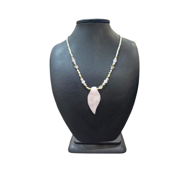 Collier Perle Eau Douce Sélénite Feuille Quartz Rose