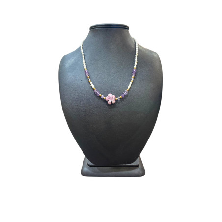 Collier Perles Eau Douce Améthyste Fleur Lépidolite
