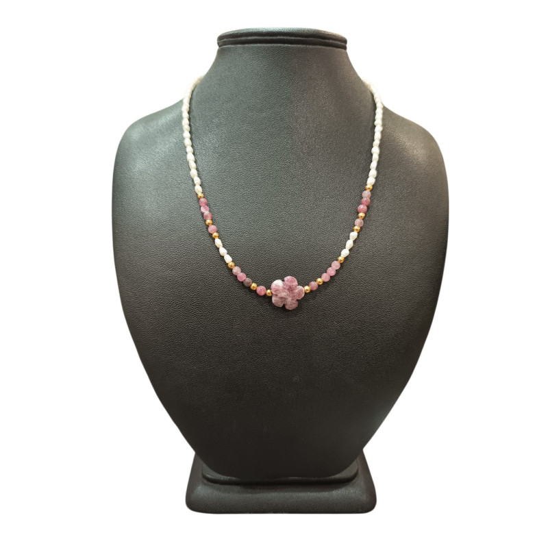 Collier Perles Eau Douce Tourmaline rose Fleur Lépidolite