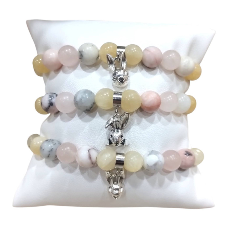 Bracelet Lapin Calcite jaune Opale rose Opale blanche Pierres rondes 8mm