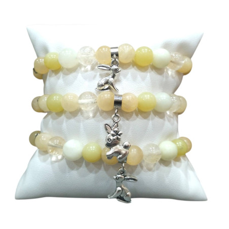 Bracelet Lapin Calcite jaune Citrine Opale blanche Jade de Birmanie Pierres rondes 8mm