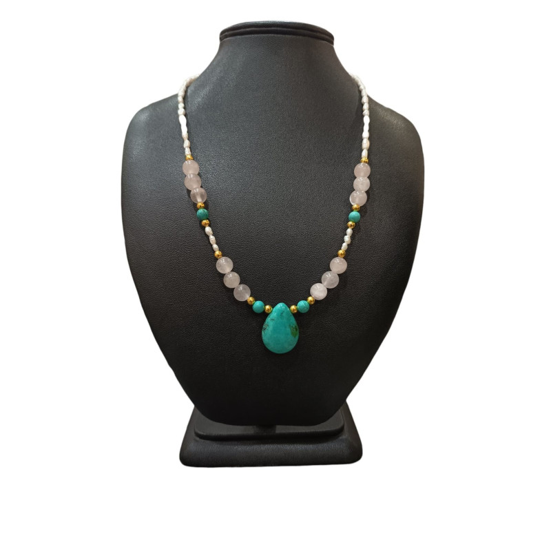 Collier Perles Eau Douce Turquoise Quartz rose
