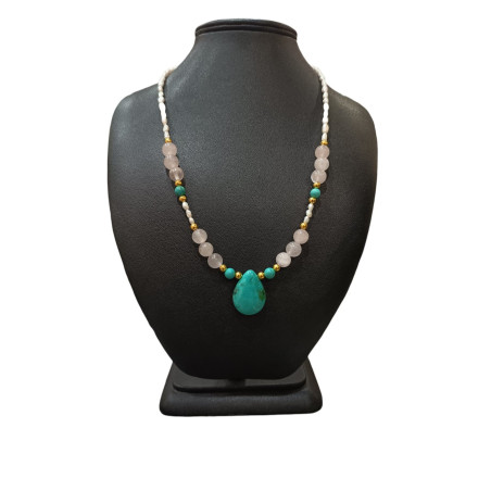 Collier Perles Eau Douce Turquoise Quartz rose
