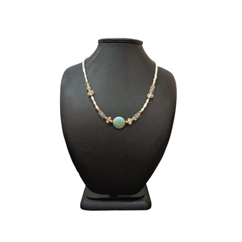 Collier Perles Eau Douce Aigue marine Quartz rose