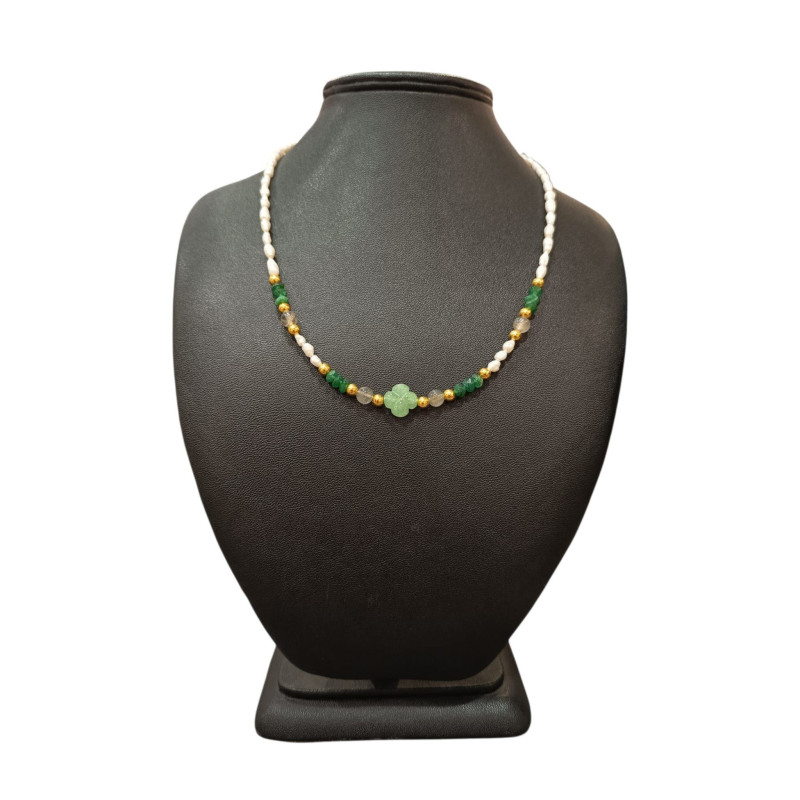 Collier Perles Eau Douce Aventurine Labradorite Emeraude Insert Plaqué or