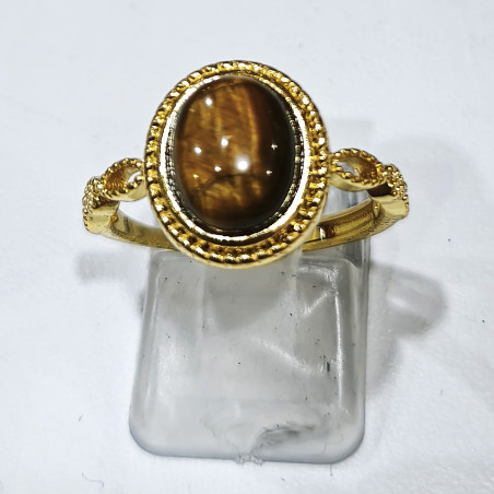 Bague Œil de Tigre Acier Inox Plaqué Or Taille Réglable