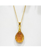 Pendentif Citrine Goutte avec Chaîne Acier Inox Plaqué Or 44 cm + 6 cm