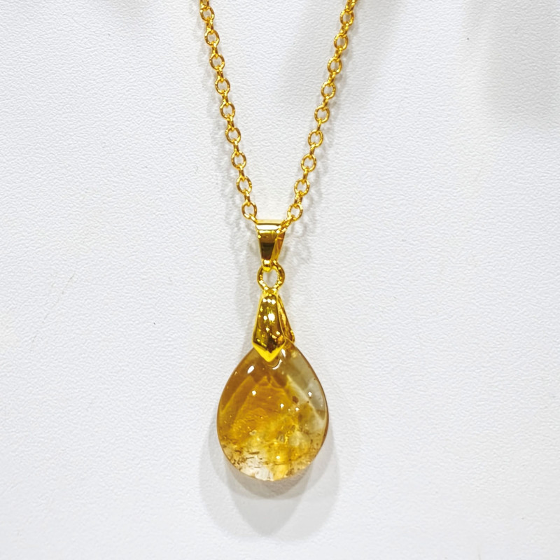 Pendentif Citrine Goutte avec Chaîne Acier Inox Plaqué Or 44 cm + 6 cm