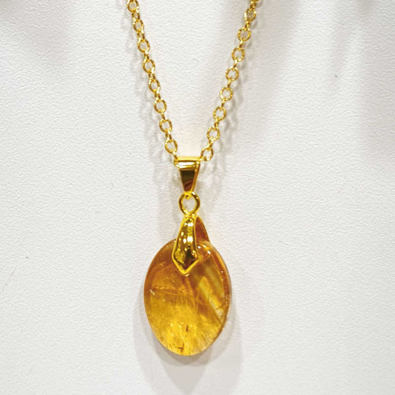 Pendentif Citrine Goutte avec Chaîne Acier Inox Plaqué Or 44 cm + 6 cm