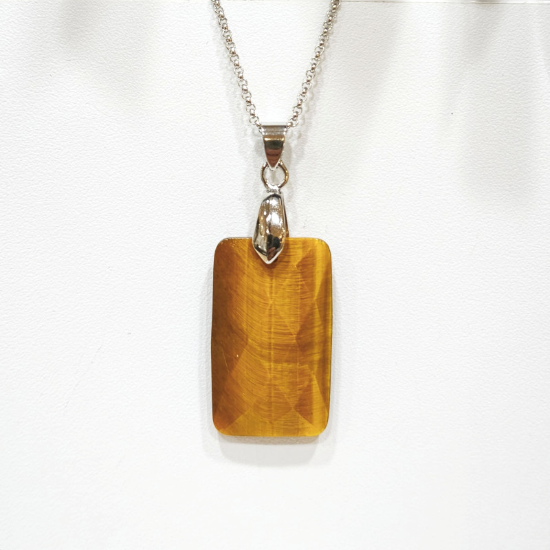 Pendentif Œil de Tigre Rectangle avec Chaîne Acier Inox 44 + 5 cm