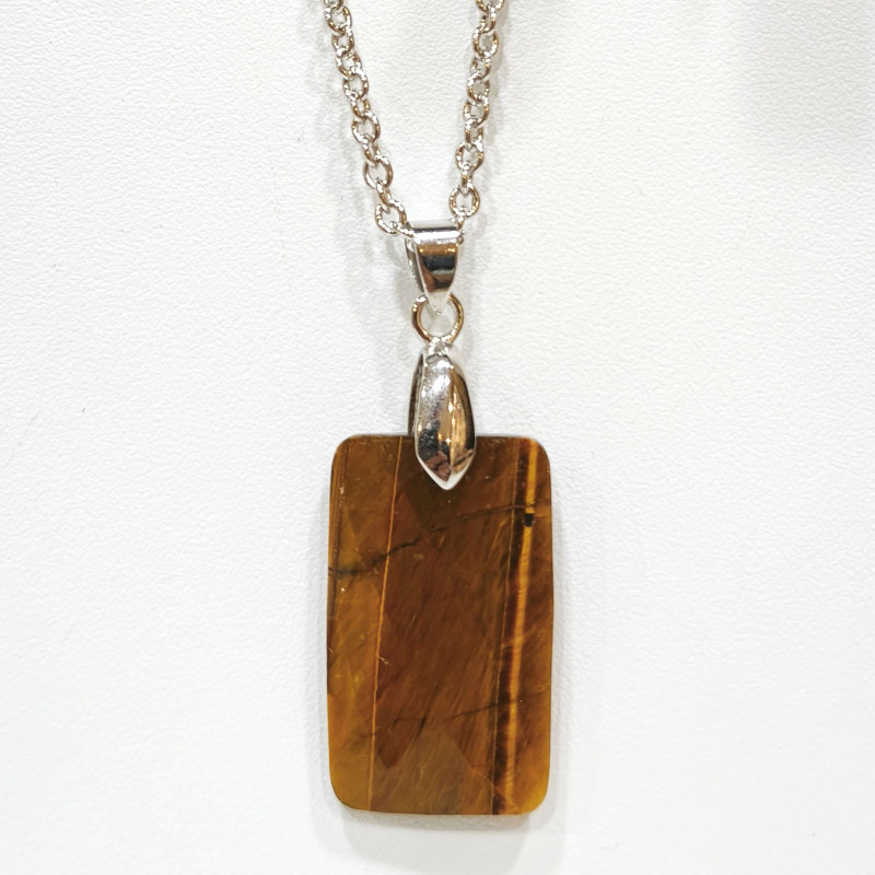 Pendentif Œil de Tigre Rectangle avec Chaîne Acier Inox 44 + 5 cm