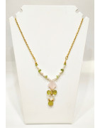 Collier Quartz Rose Péridot et Perles Acier Inox Plaqué or 50 + 4 cm