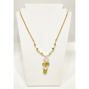Collier Quartz Rose Péridot et Perles Acier Inox Plaqué or 50 + 4 cm