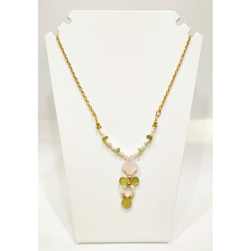 Collier Quartz Rose Péridot et Perles Acier Inox Plaqué or 50 + 4 cm