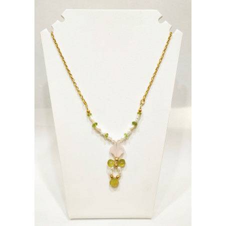 Collier Quartz Rose Péridot et Perles Acier Inox Plaqué or 50 + 4 cm