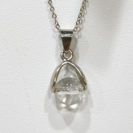 Pendentif Cristal de Roche Boule avec Chaîne Acier Inox 44 cm