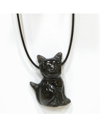 Pendentif Obsidienne Noire Chat sur Cordon Réglable