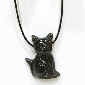 Pendentif Obsidienne Noire Chat sur Cordon Réglable