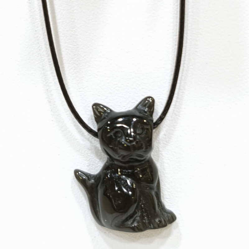 Pendentif Obsidienne Noire Chat sur Cordon Réglable