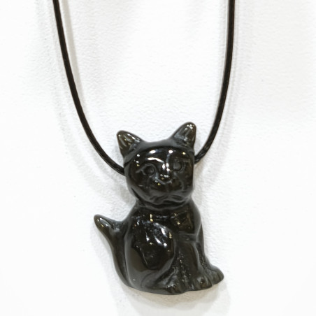 Pendentif Obsidienne Noire Chat sur Cordon Réglable