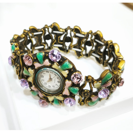 Montre Email et Swarovski Bracelet Elastique (Poignet 20/22 cm)