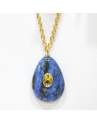 Pendentif Lapis-Lazuli et Béryl Jaune Goutte avec Chaîne Acier Inox Plaqué Or 44 cm + 6 cm