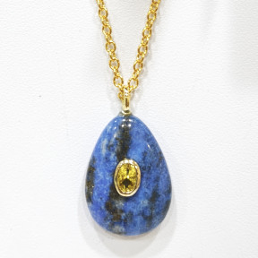 Pendentif Lapis-Lazuli et Béryl Jaune Goutte avec Chaîne Acier Inox Plaqué Or 44 cm + 6 cm