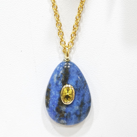 Pendentif Lapis-Lazuli et Béryl Jaune Goutte avec Chaîne Acier Inox Plaqué Or 44 cm + 6 cm