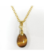 Pendentif Œil de Tigre Goutte avec Chaîne Acier Inox Plaqué or 44 + 5 cm