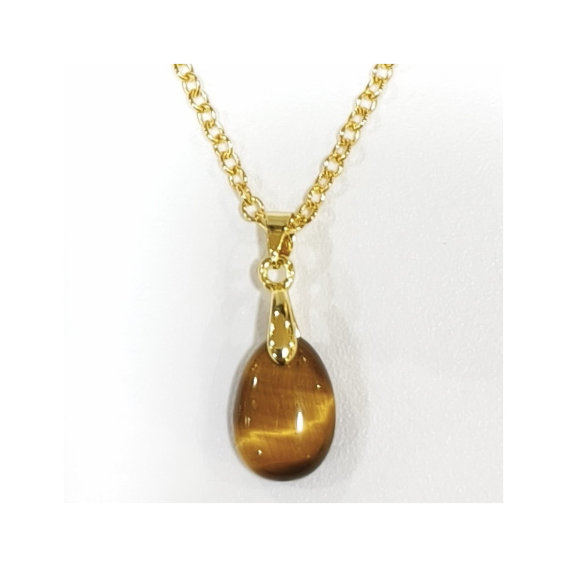 Pendentif Œil de Tigre Goutte avec Chaîne Acier Inox Plaqué or 44 + 5 cm
