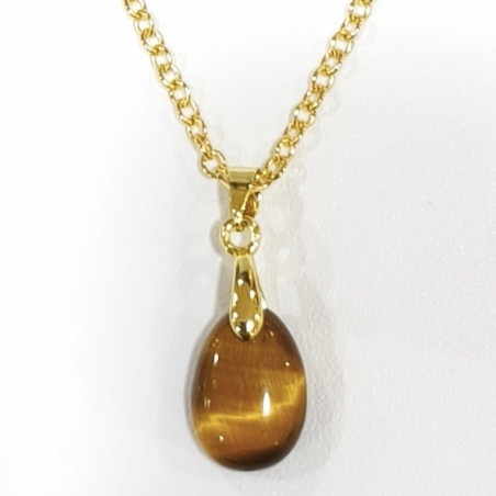 Pendentif Œil de Tigre Goutte avec Chaîne Acier Inox Plaqué or 44 + 5 cm