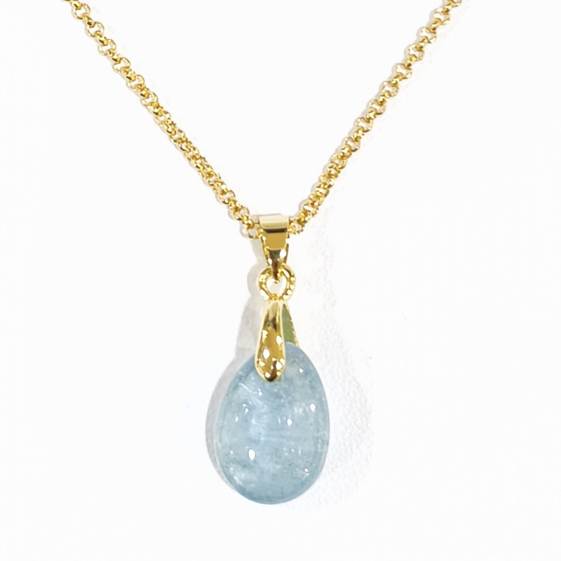 Pendentif Aigue Marine Goutte avec Chaîne Acier Inox Plaqué or 44 + 5 cm