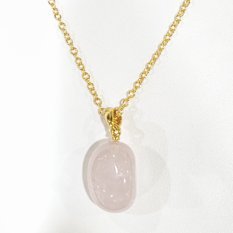 Pendentif Quartz Rose avec Chaîne Acier Inox Plaqué Or 44 cm + 6 cm