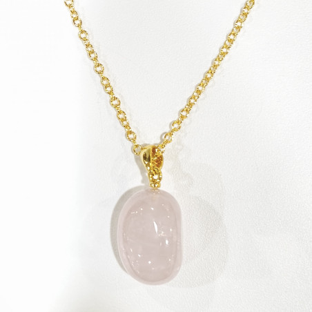 Pendentif Quartz Rose avec Chaîne Acier Inox Plaqué Or 44 cm + 6 cm